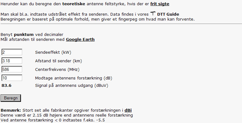 Beregning af teoretisk antenne feltstyrke